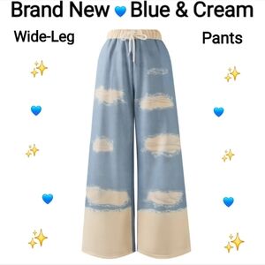 Chic Blue & Cream Wide-Leg Distressed Denim-Style Pants, Size XL